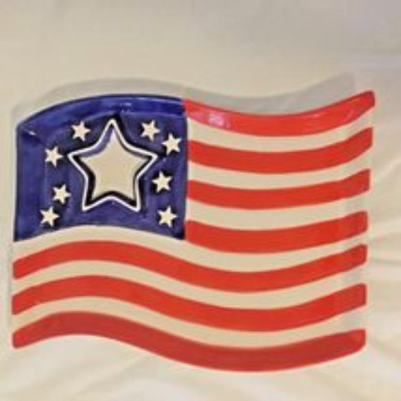 Chip & Dip Tray Set Ceramic Red White & Blue Flying Flag Kitchen Worthey Server - Picture 7 of 7